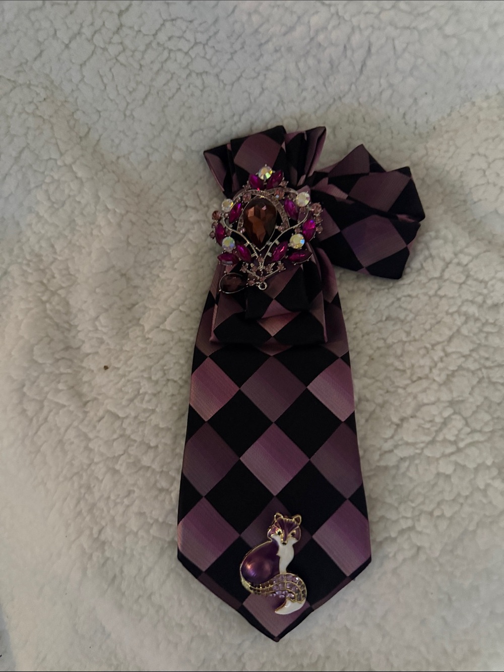 Purple Checkered Neck Tie Necklace with Jewel Accents